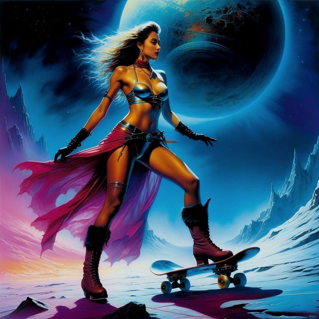 Retrofuturistic Skater on Pluto's Surface in Vibrant Colors