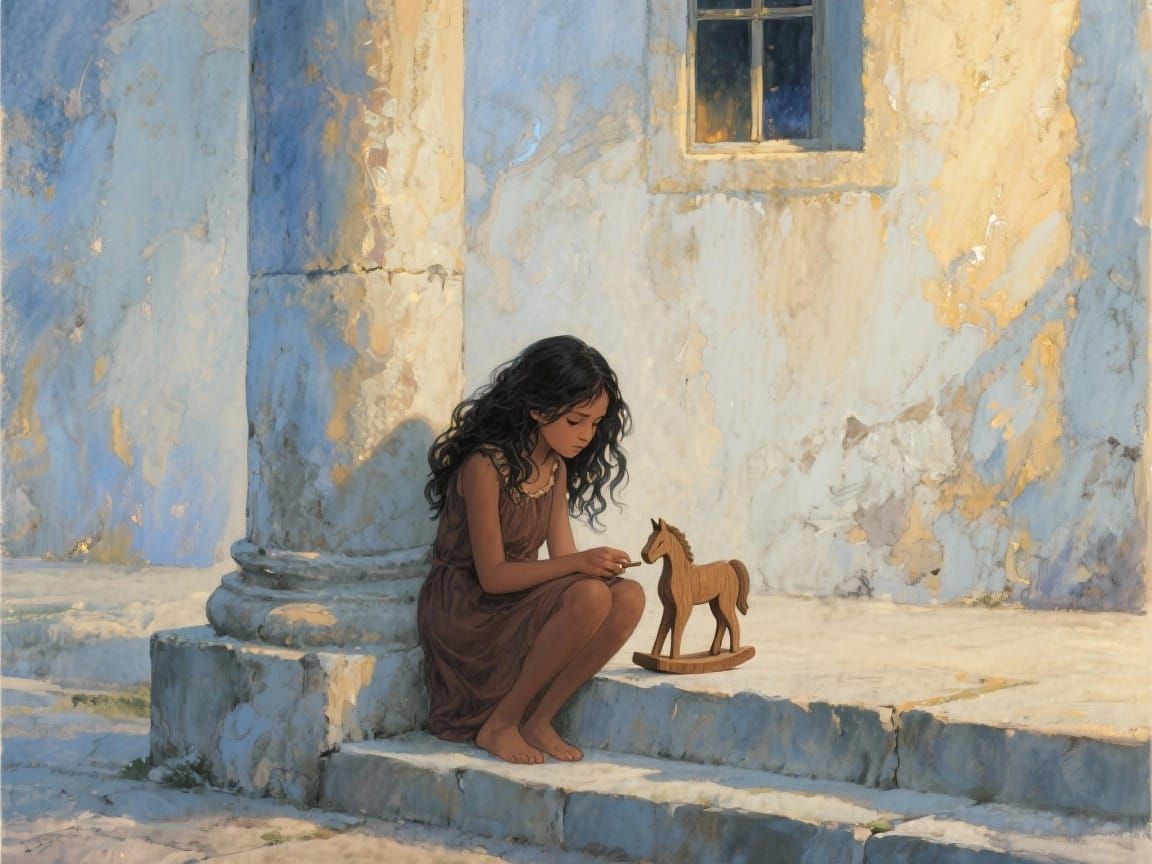 Melancholic Girl Carving Horse in Gentle Light