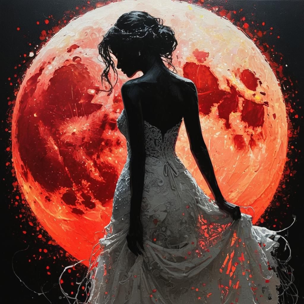 Lonely Silhouette in Wedding Dress with Full Moon