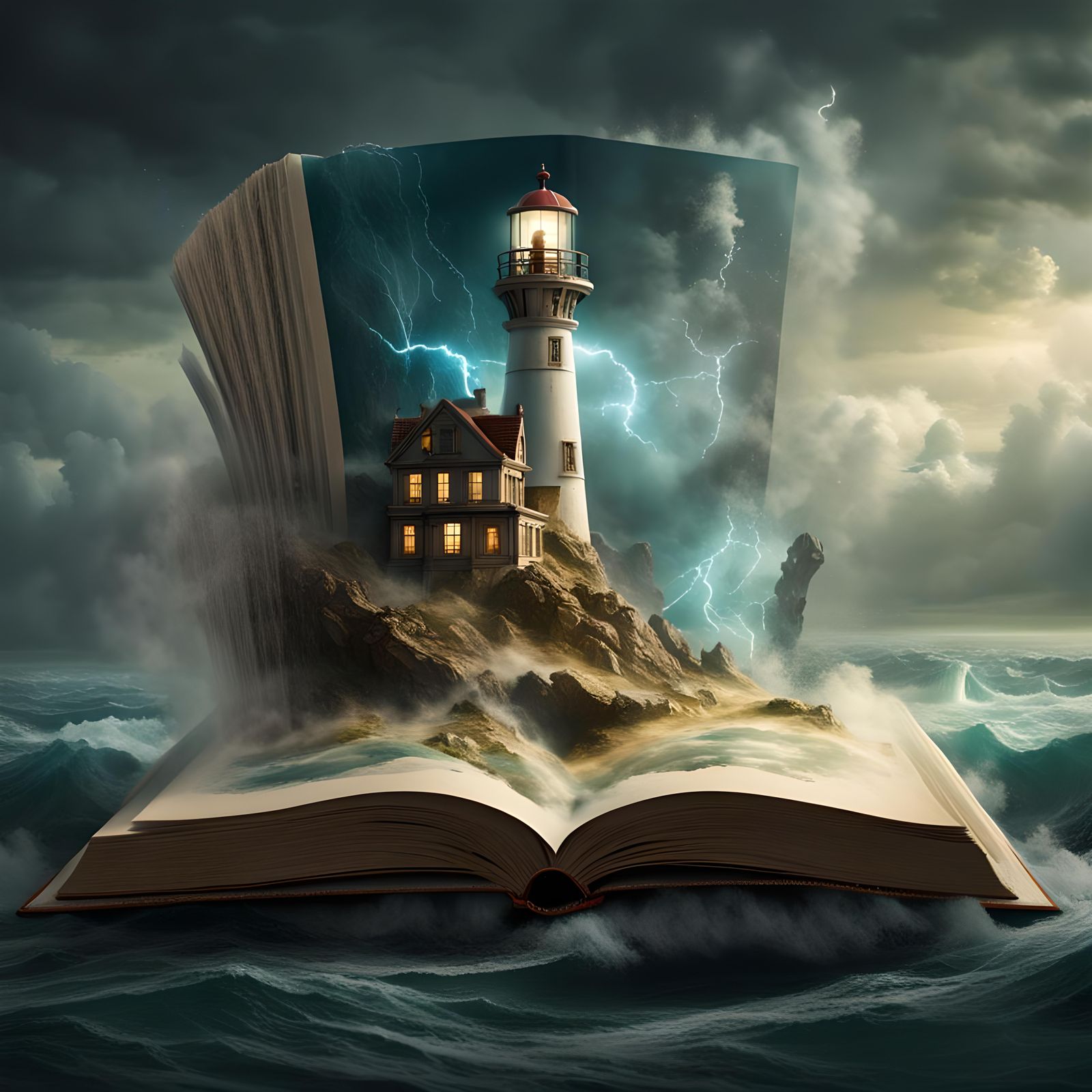 Miniature Lighthouse Emerging from Open Book