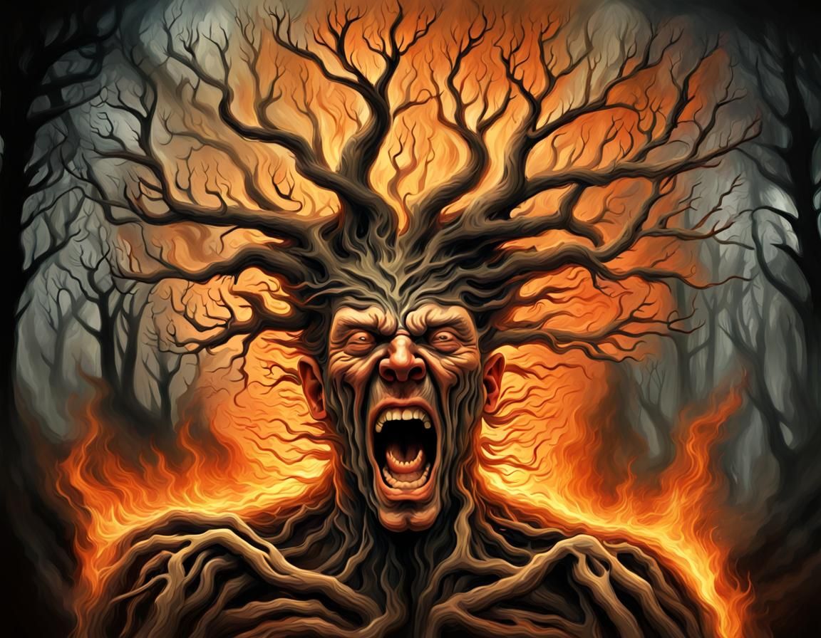 Tree-Man Portrait with Burning Branches, Digital Art