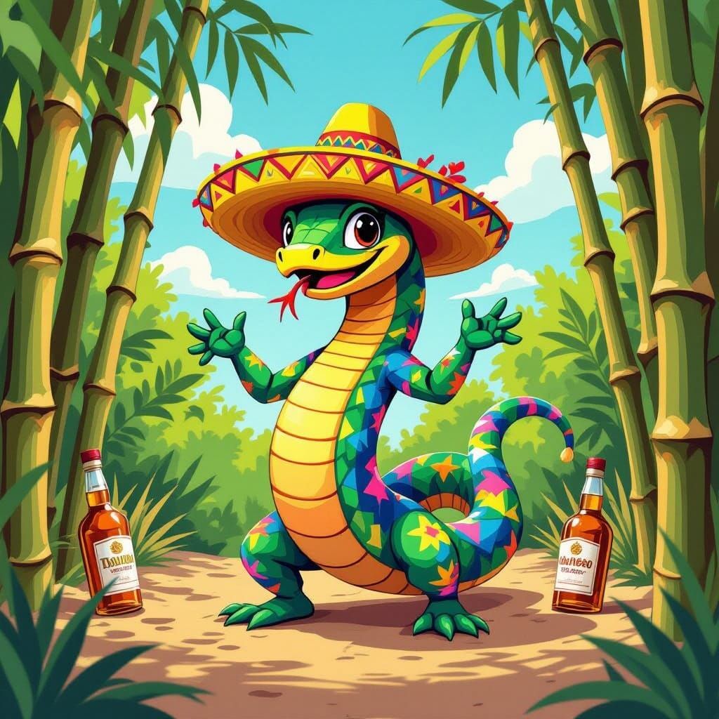 Dancing Snake with Sombrero in Vibrant Digital Art