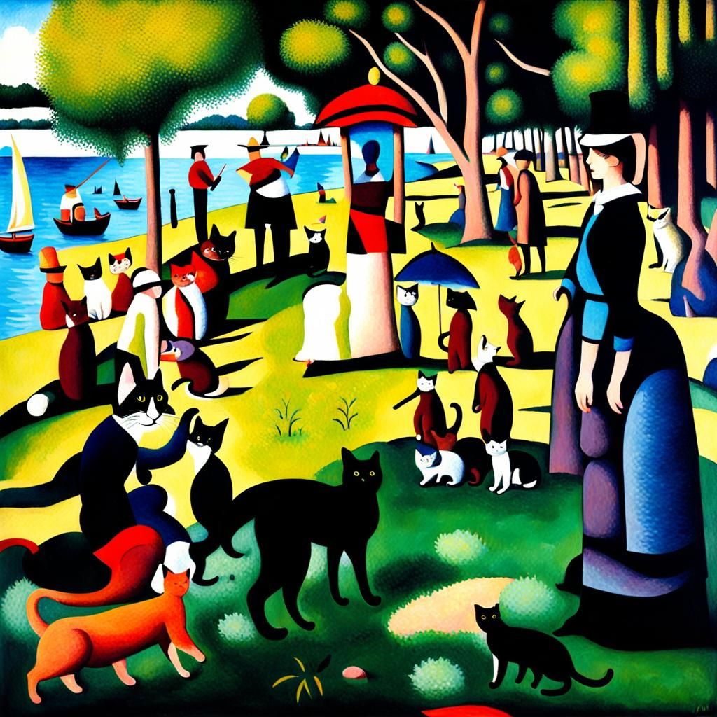 Cats Reimagined in a Pointillist Landscape