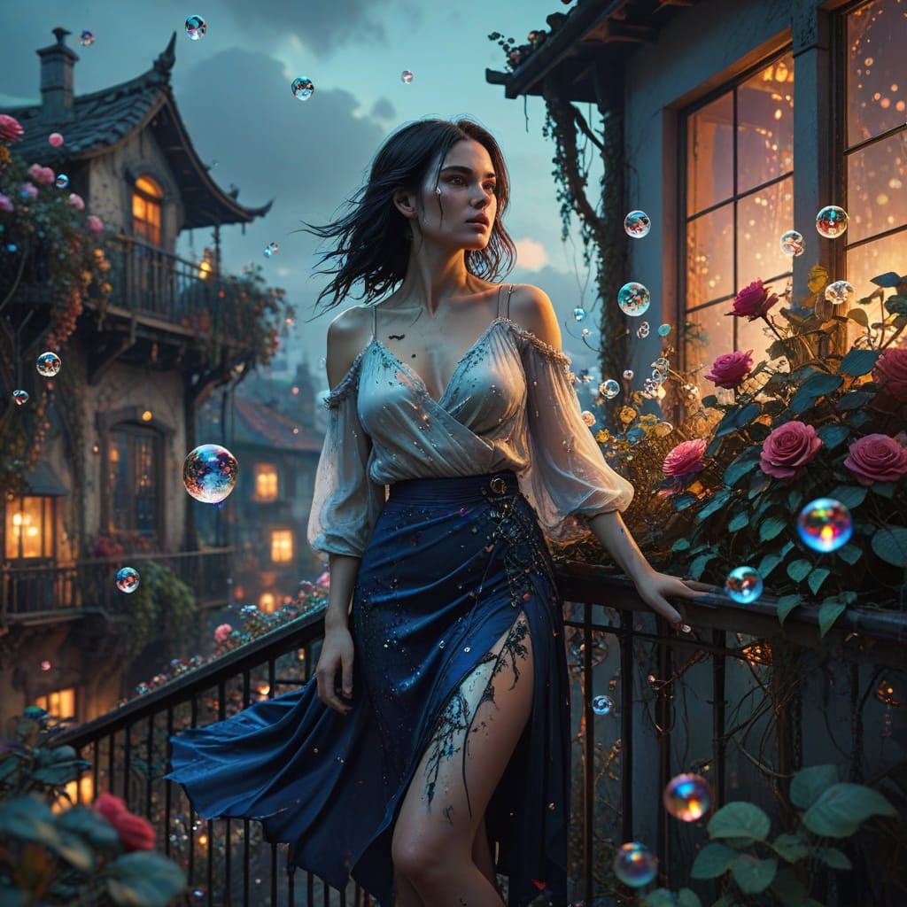 Woman on Balcony with Bubbles, Borderland Fantasy Artwork