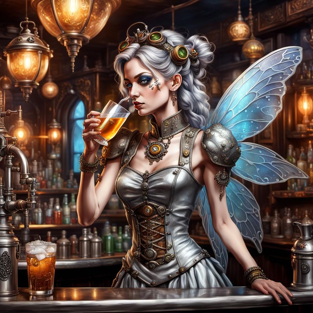Steampunk Fairy Sipping Drink in Detailed Bar