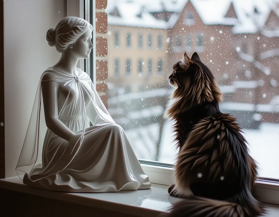 Winter City View Through Window with Porcelain Figurine and ...