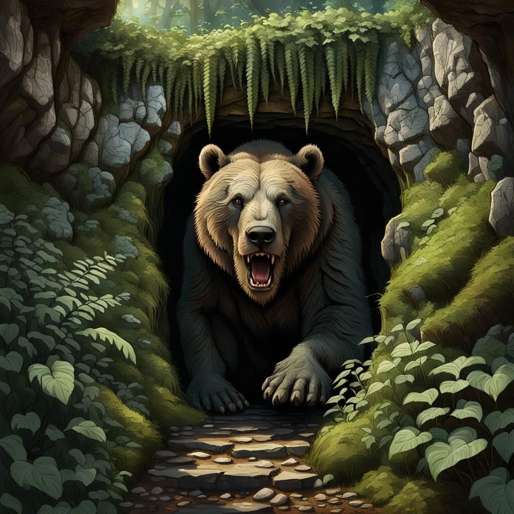 Roaring Cave Bear in Mossy Cave Entrance