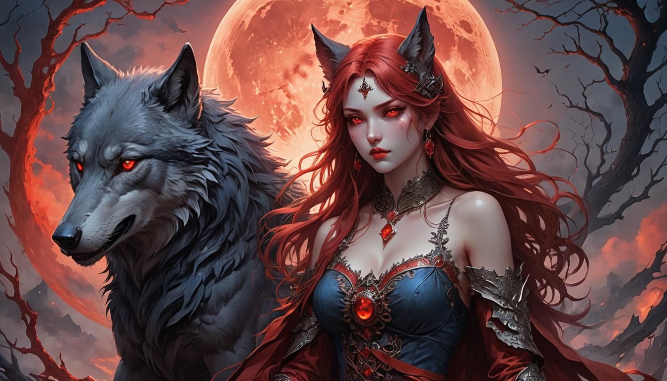Wolf Demon Girl at Sunrise in Horror Style