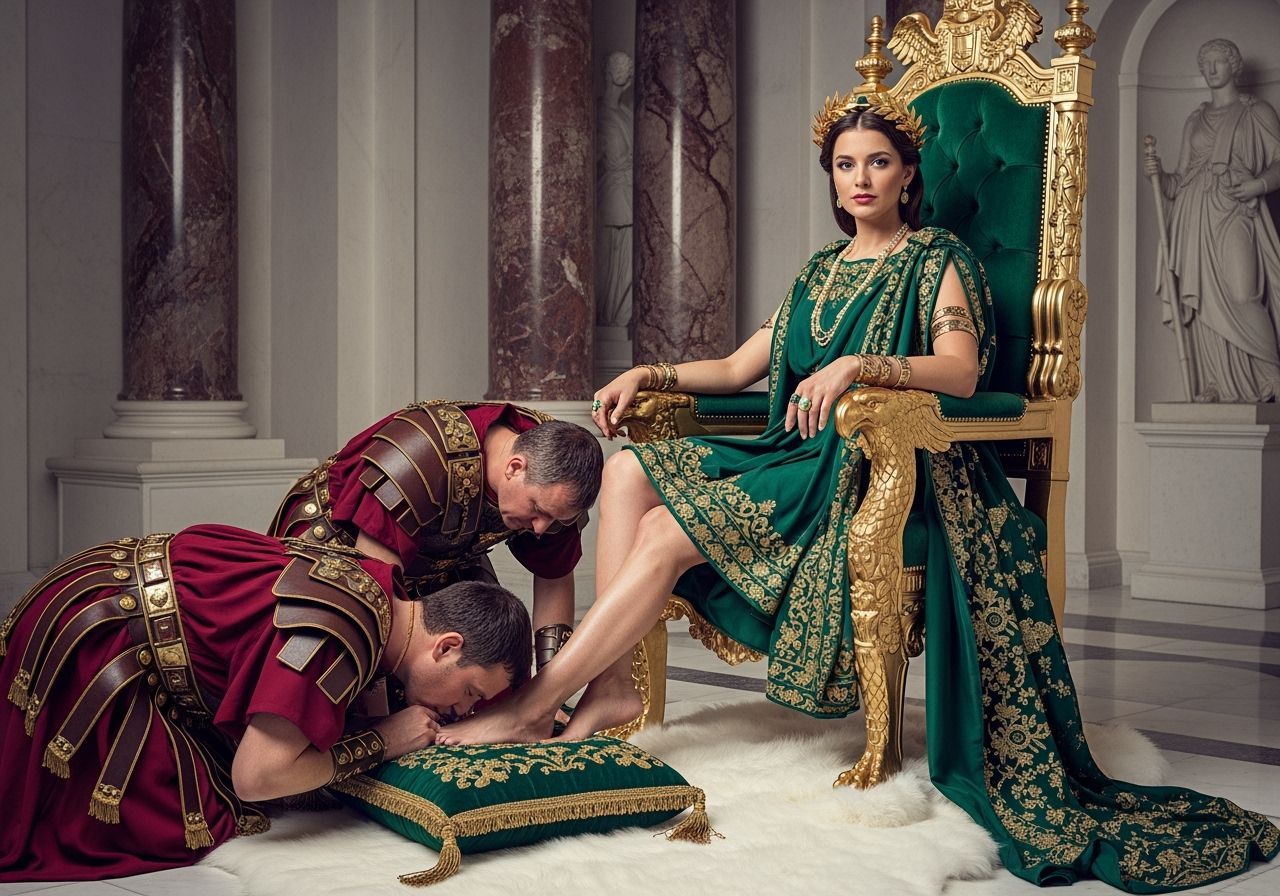 Regal Roman Empress on Emerald and Gold Throne
