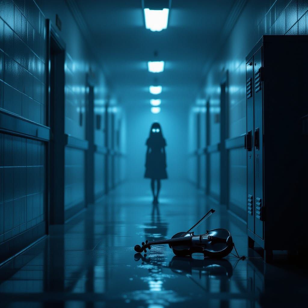Ghostly Girl in Rain-Soaked School Hallway