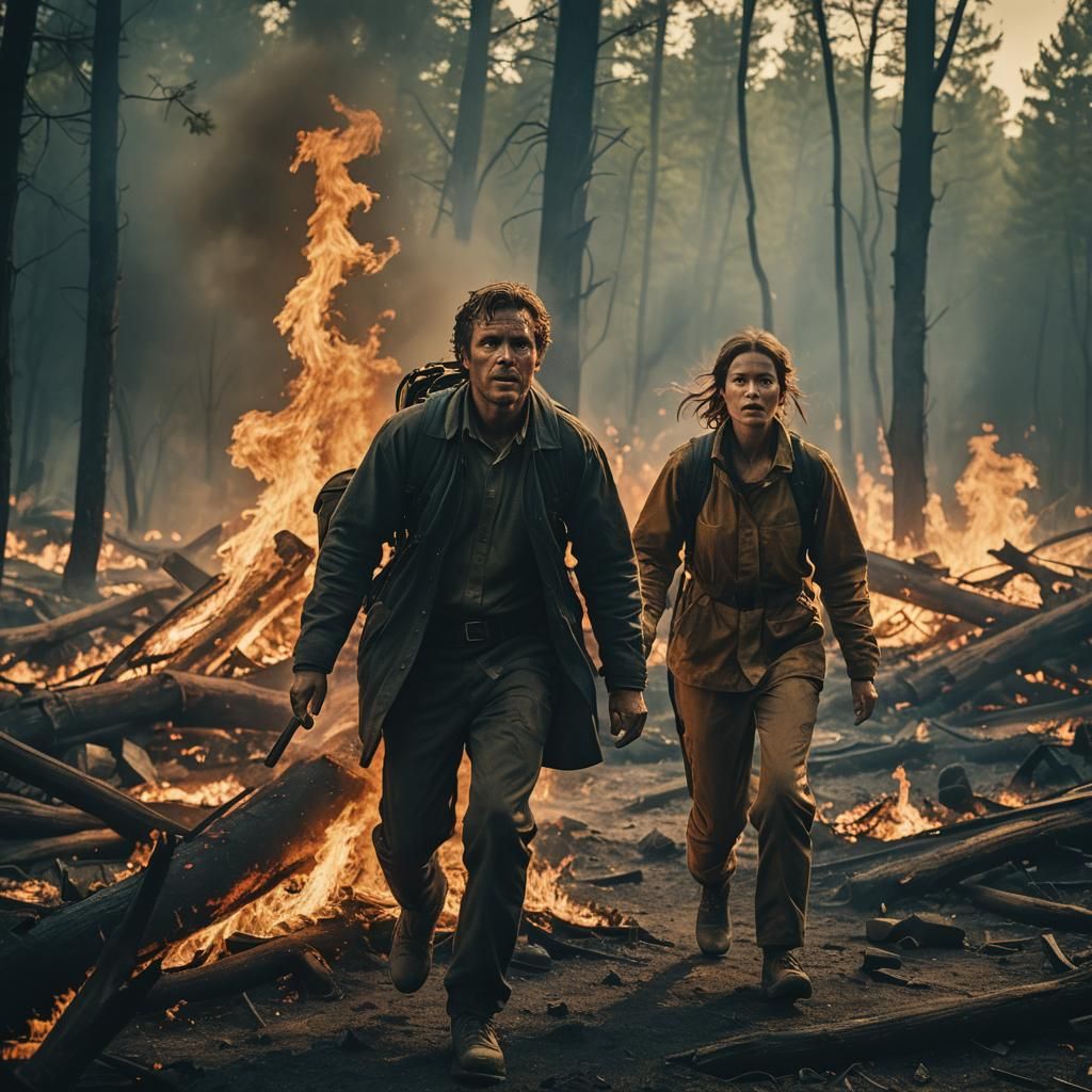 Dramatic Film Still: Man and Woman Emerging from Fire
