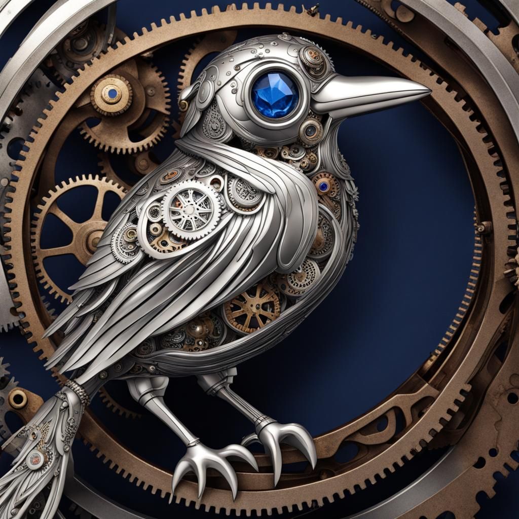 Steampunk Silver Bird with Sapphire Eyes