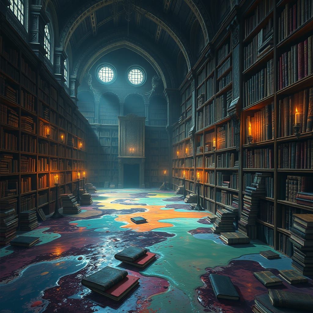 Melting Library in Dark Fantasy Style