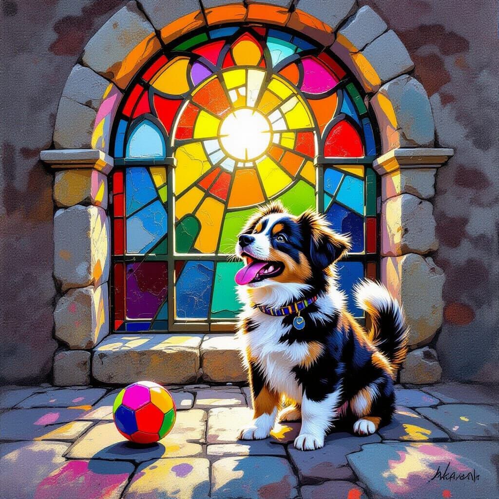 Joyful Dog Plays in Colorful Stained Glass Light