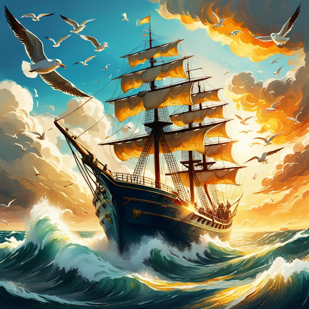 Sailor on Ship in Golden Light Fantasy Art