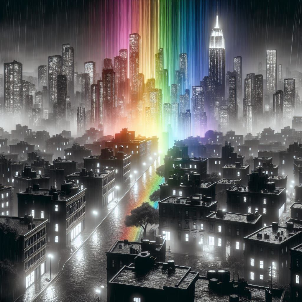 Hyperrealistic Cityscape at Night with Rainbow Rain