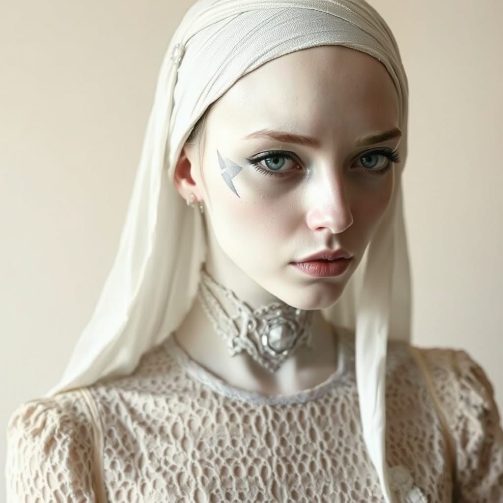 Female Cyborg with Porcelain Skin and Lace Dress