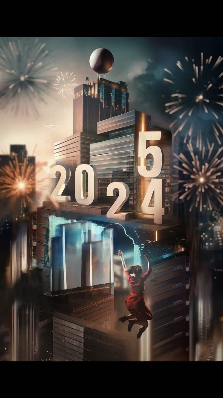 Woman Leaping from 2024 into 2025 Amidst Fireworks and New Y...