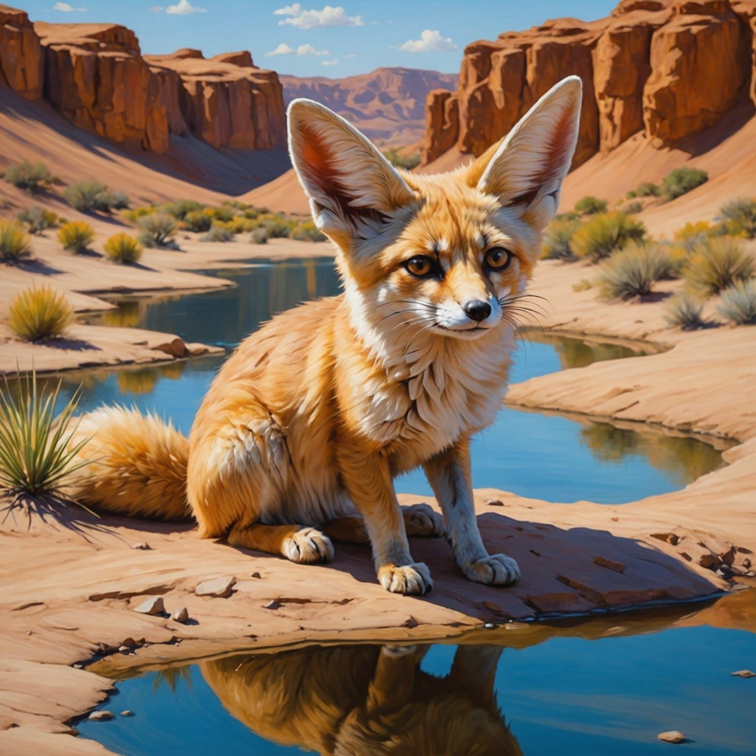 Fennec Fox at Desert Oasis: Impasto Oil Painting