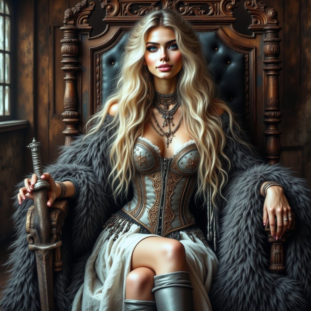 Viking Goddess in Ornate Armor Holds Sword on Throne