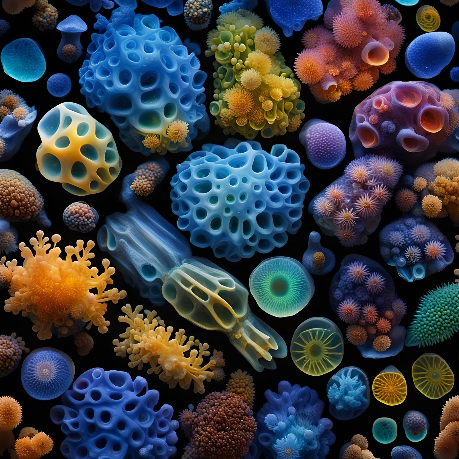 Bioluminescent Foraminifera: Hyperrealistic Macro Photograph...