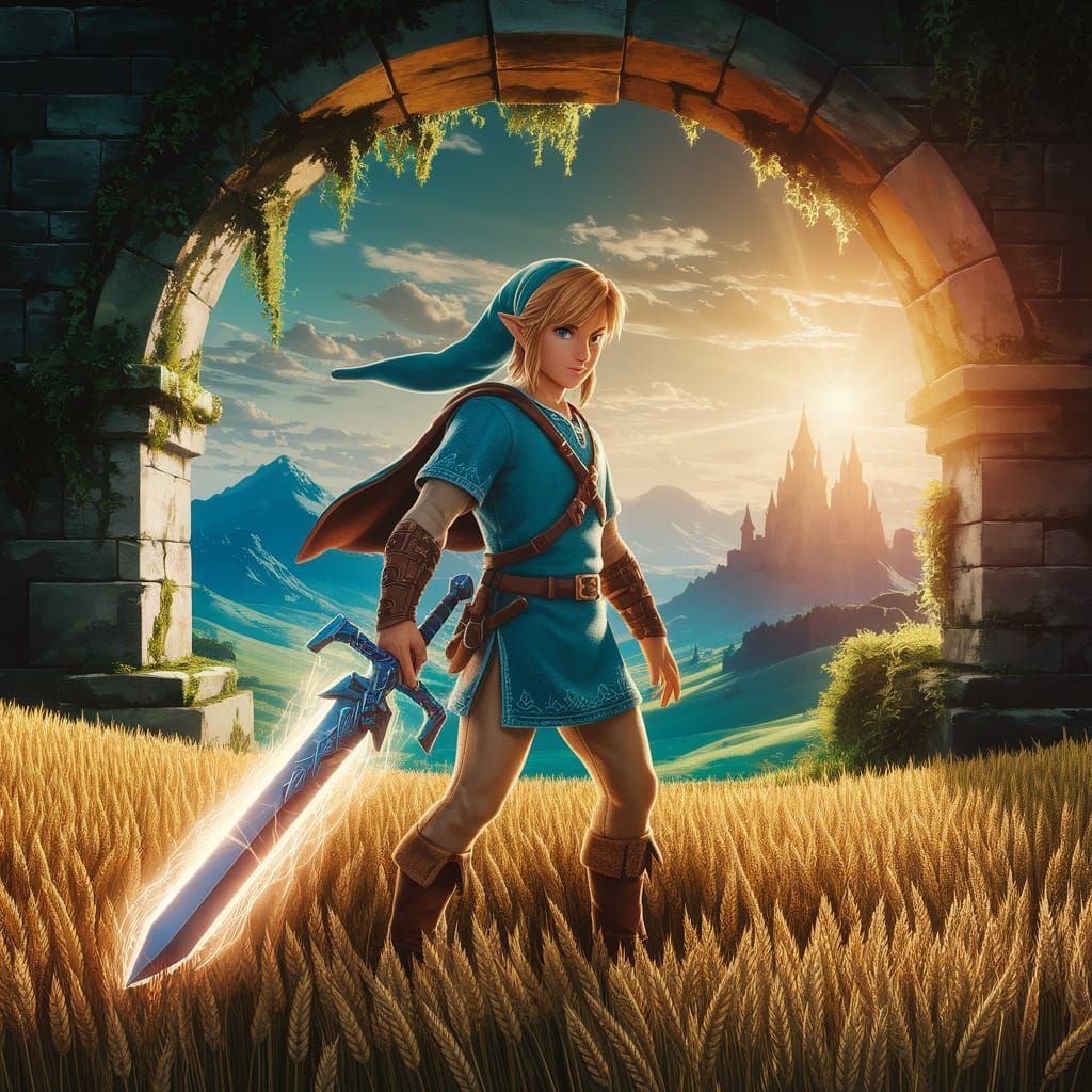 Link from Zelda with Master Sword in Golden Field