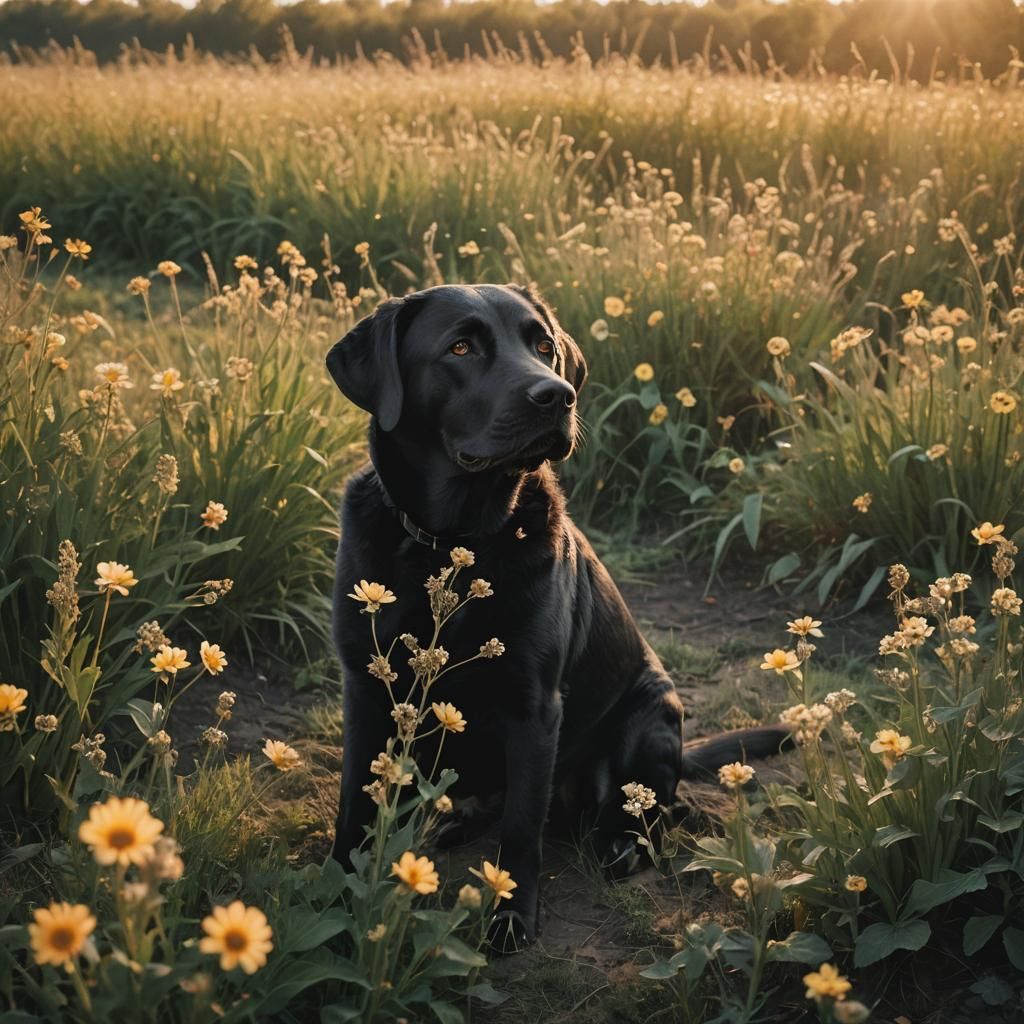 Black Labrador in Field at Sunset: Photorealistic