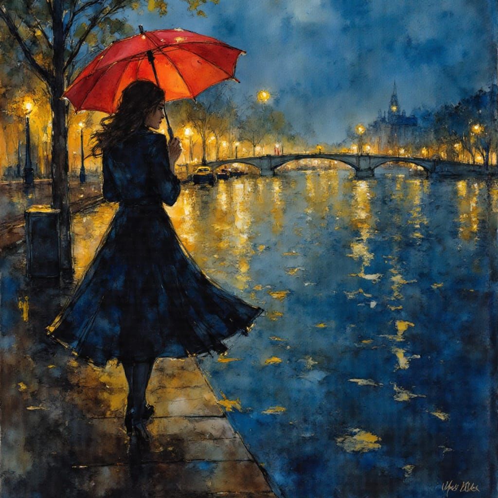 Woman with Umbrella on Rainy Paris Night by the River