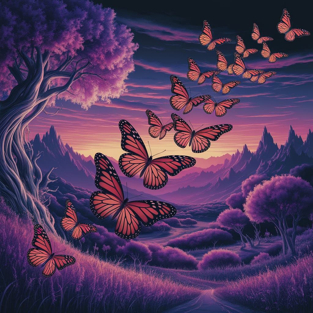 Vibrant Butterflies in Twilight Sky, Fantasy Concept Art