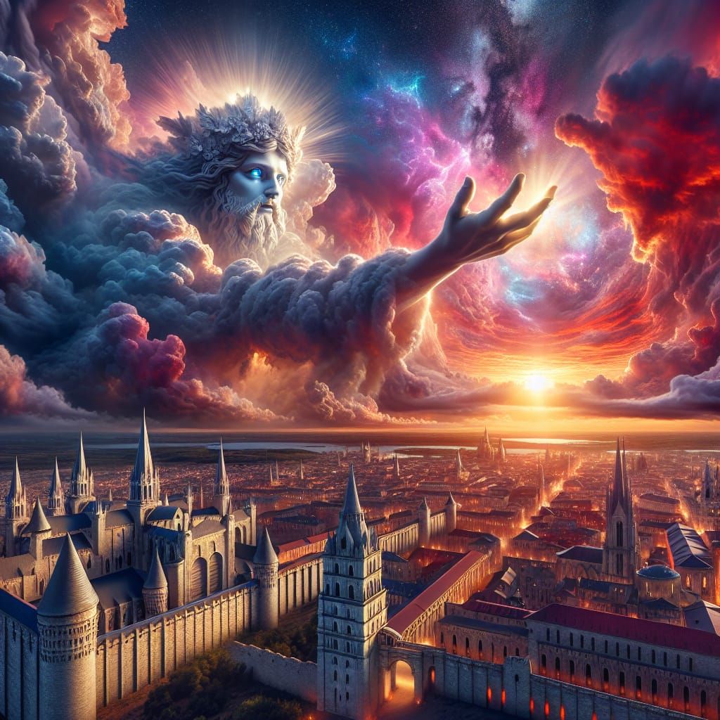 Divine Cloud Entity Reaching Medieval City