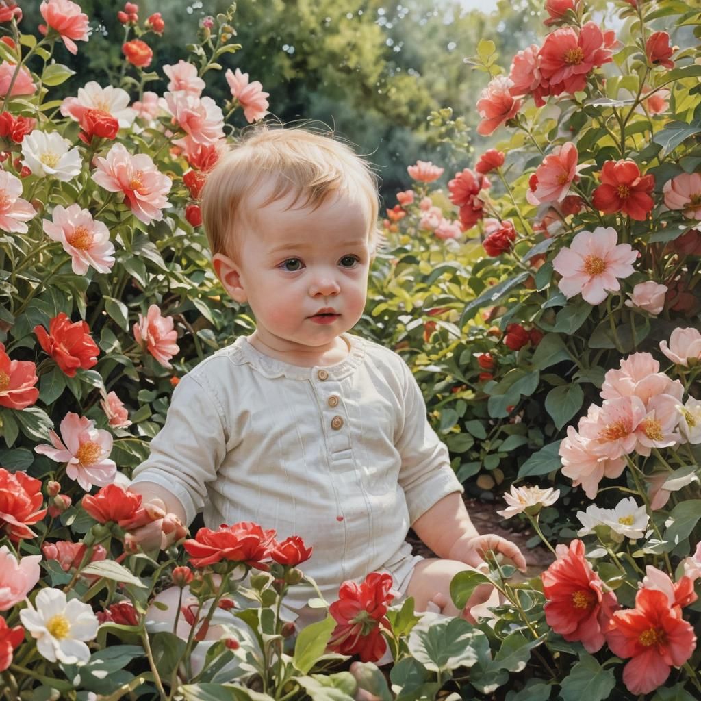 Baby in Lush Garden: Pre-Raphaelite Watercolor