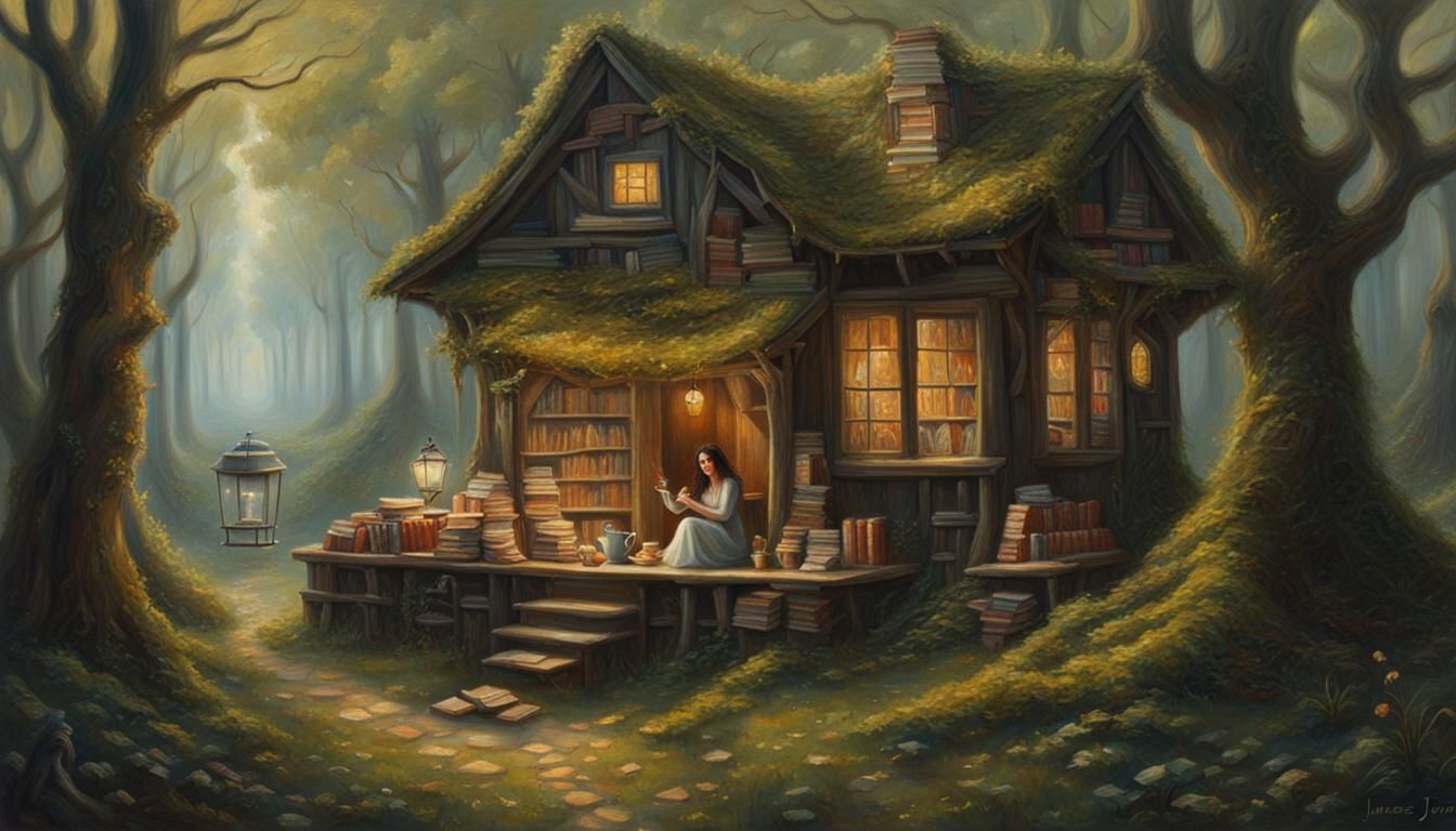 Enchanted Forest Scene with Tea, Books, and Smiling Woman