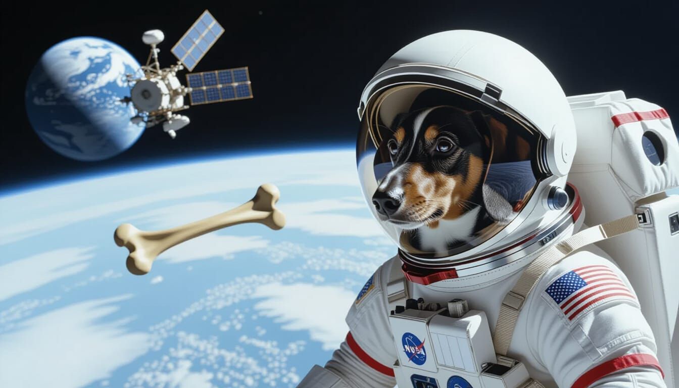 Dachshund and Poodle Puppies as Astronauts Near ISS