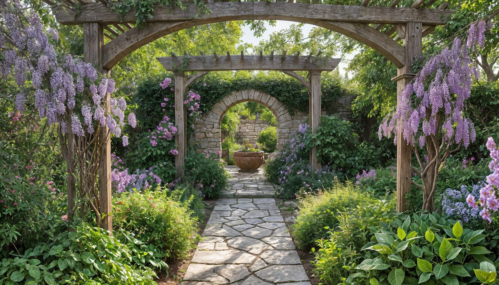 Mediterranean Garden with Wisteria and Stone Arch
