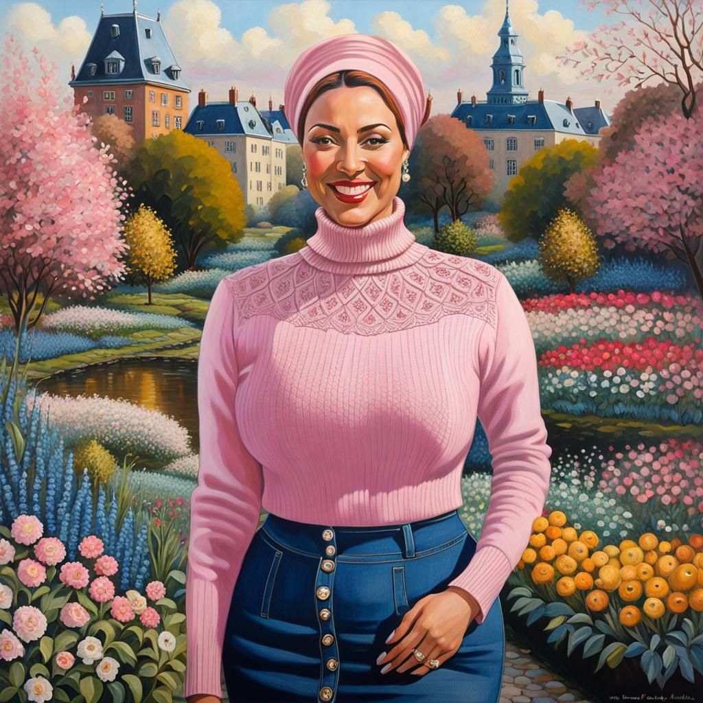 Curvy Woman in Garden with Cityscape Background