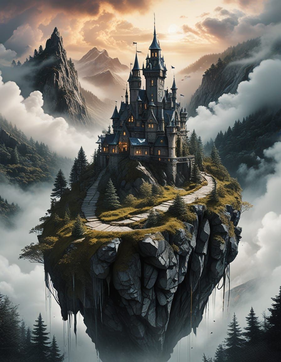 Whimsical Cloud Castle in Vibrant Psychedelic Hues