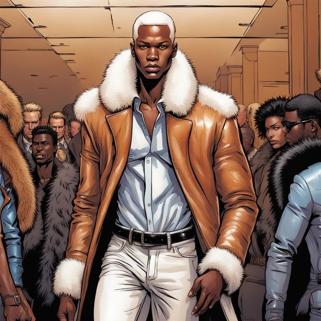 Albino Male Model on Runway in Comic Book Style