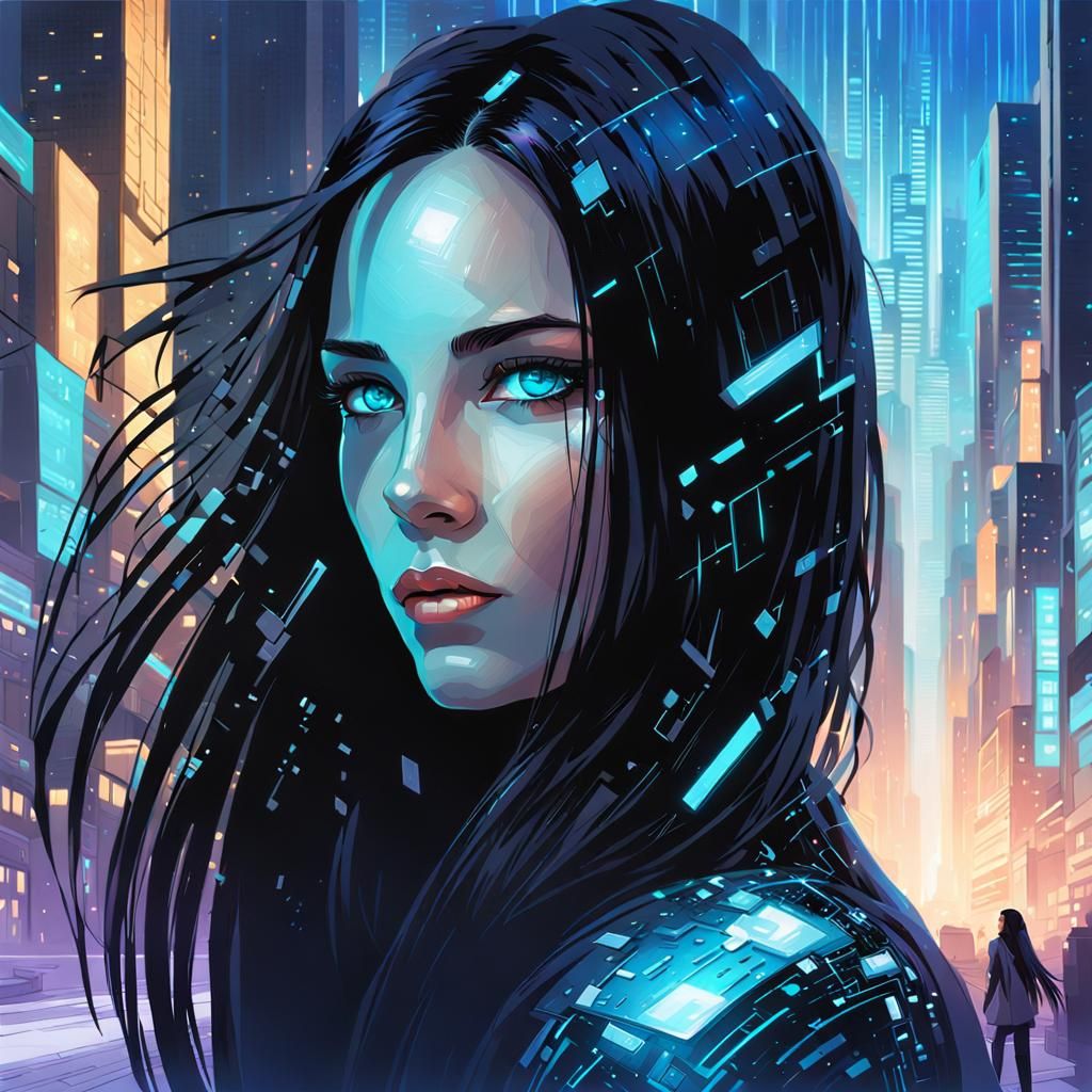 Ethereal Beauty in Cyberpunk Matrix