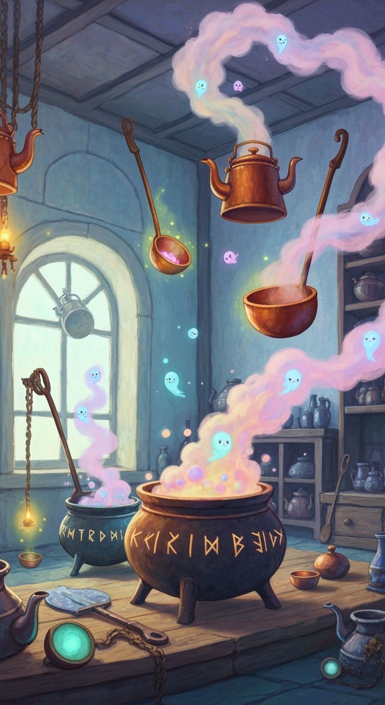 Whimsical Alchemist's Workshop with Ethereal Spirits