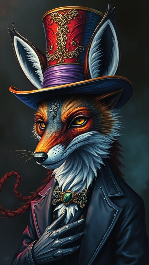 Iron Colored Fox wearing a Top Hat Tim Burton contrasting co...