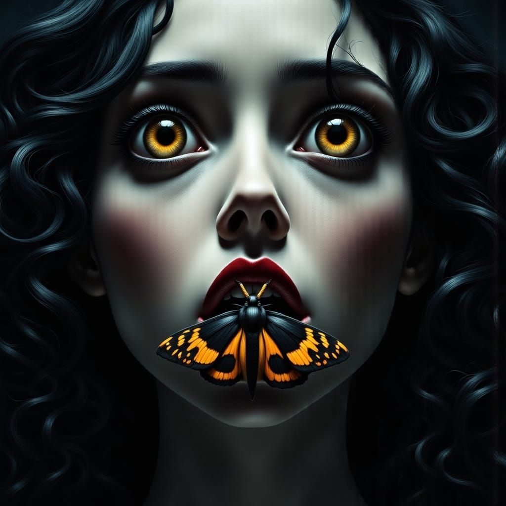 Surreal Woman Silenced by a Haunting Black and Yellow Moth