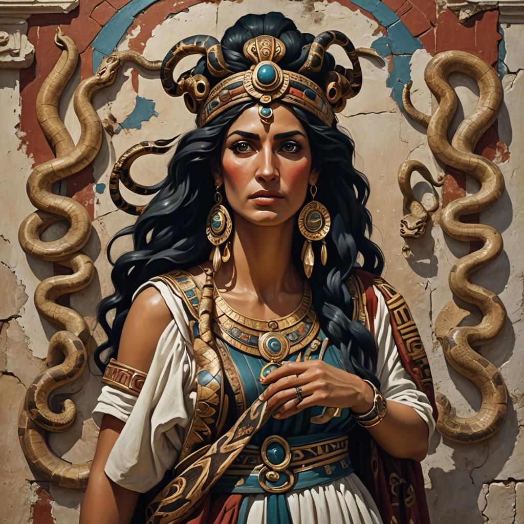 Minoan Woman with Snakes: Detailed Fantasy Art