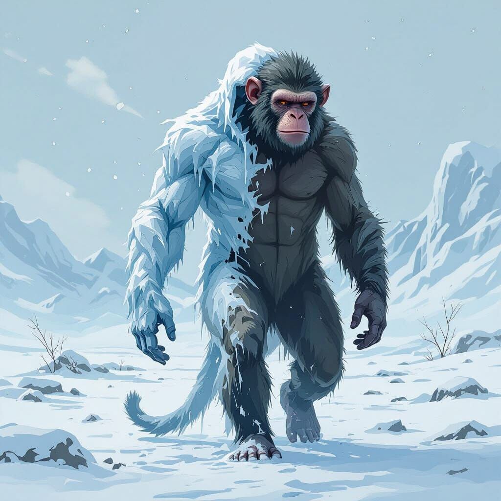 Human Figure Morphs to Monkey in Frozen Tundra