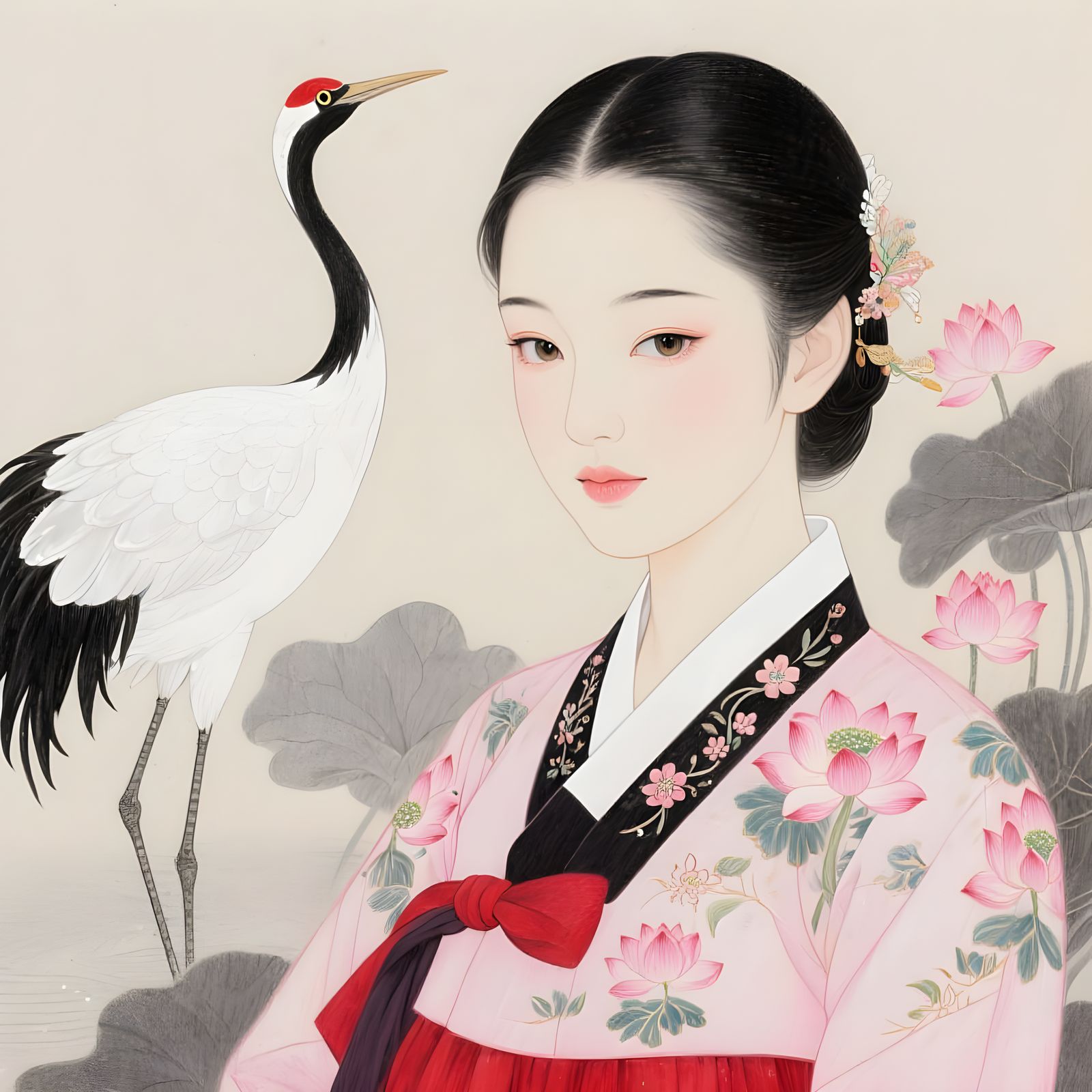 Woman in Hanbok with Crane, Manhua Style