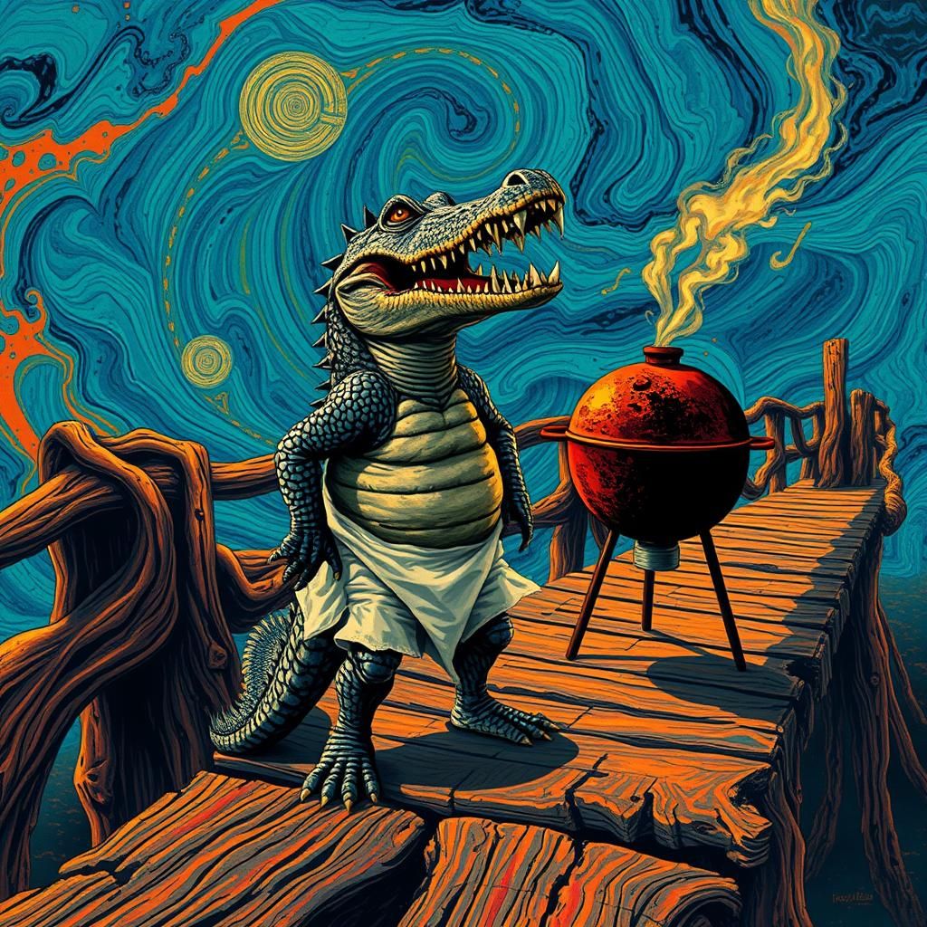 Distraught Crocodile's Scream in Maximalist Art Style