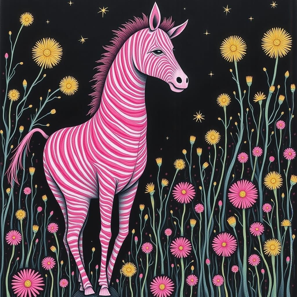 Whimsical Pink Zebra in Surreal Dandelion Dreamscape