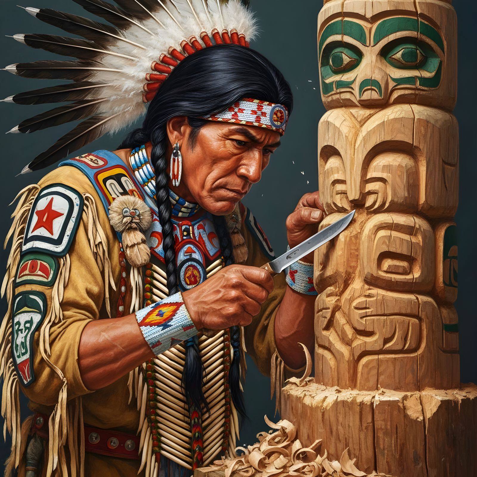 Native American Carving a Totem Pole