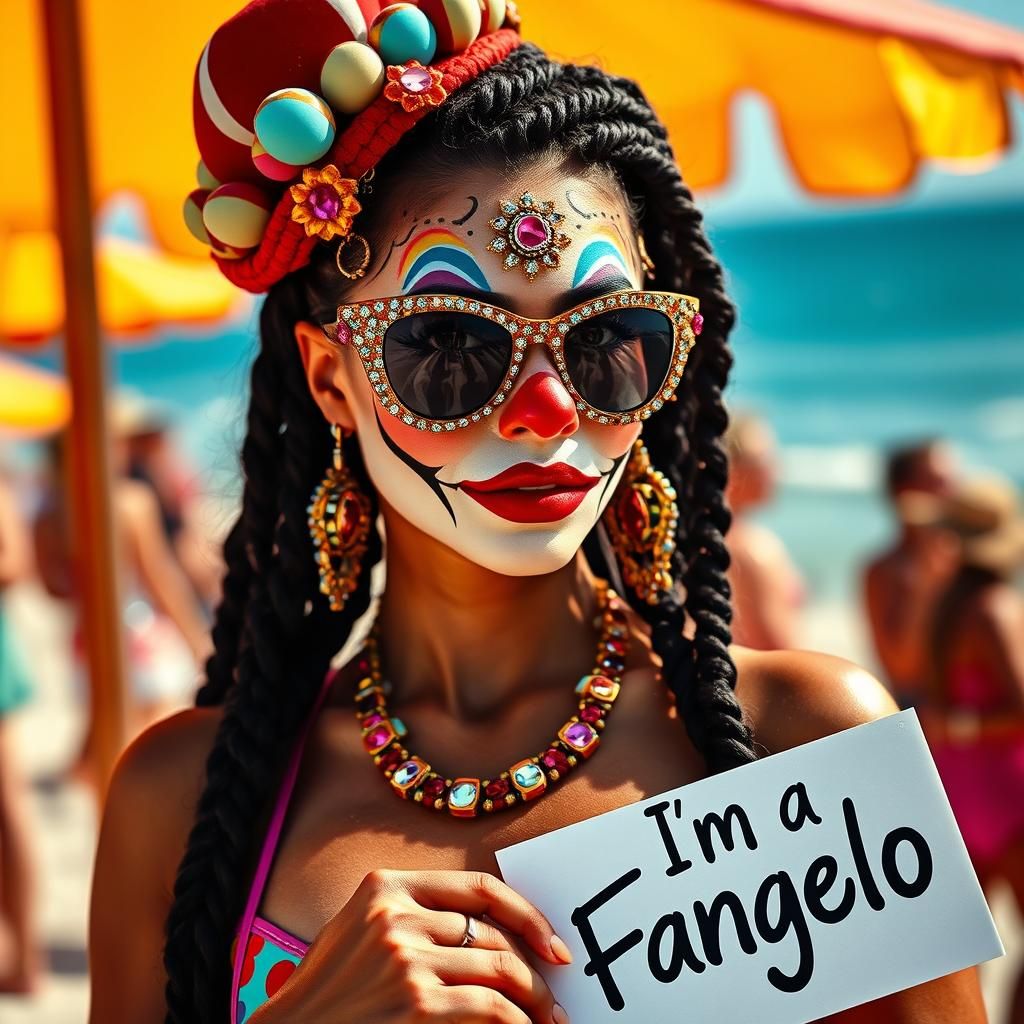 Woman with Gemstone Clown Makeup on Sunny Beach