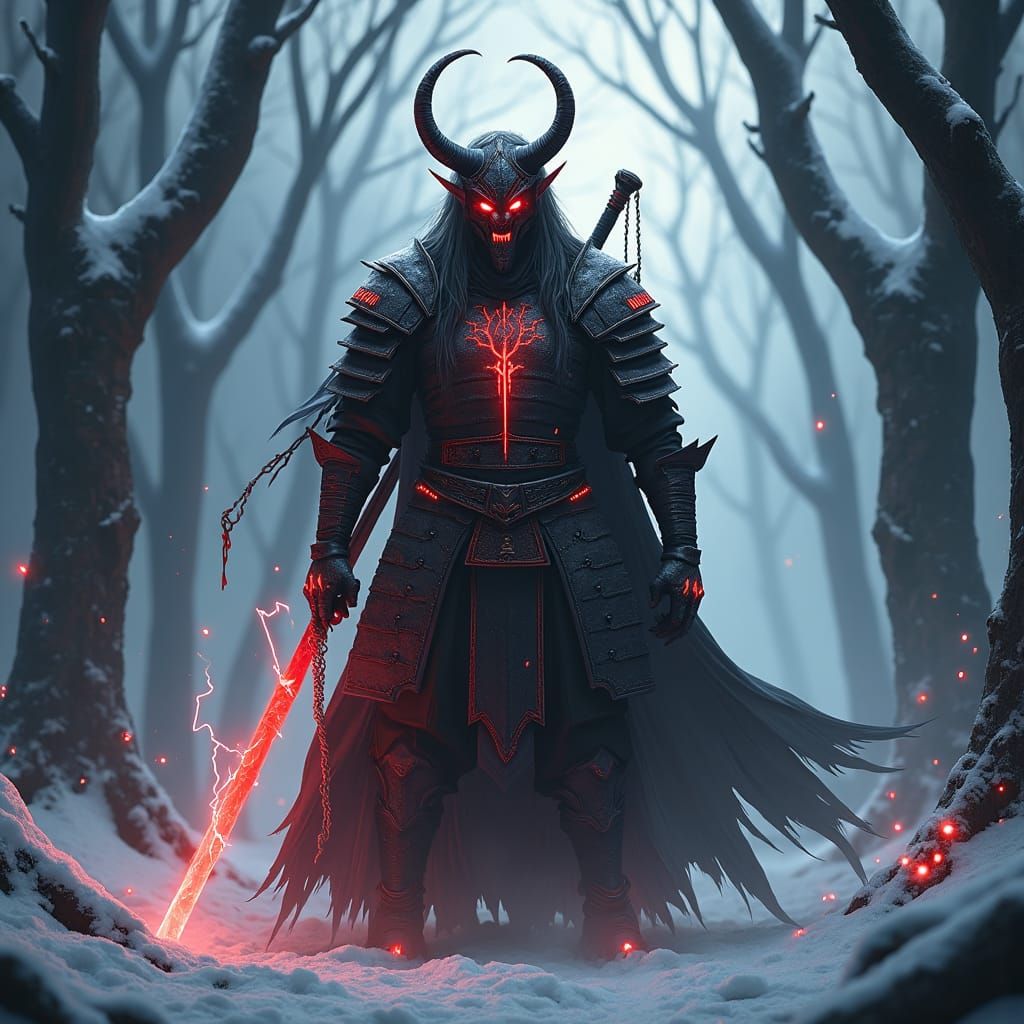 Crimson Energy Samurai in a Dark Winter Forest