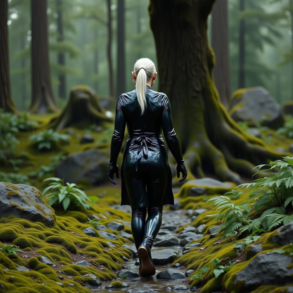 Woman in PVC Catsuit in Temperate Rainforest